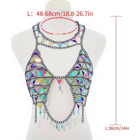 Boho Body Chain Bra Silver Sexy BBody Halter Backless Sequins Chain Body Jewelry - Picture 4 of 5